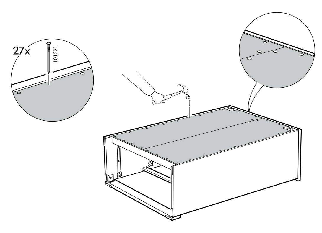 Diagram for step 25: Use a hammer to secure the back panel to the frame with the remaining 27 nails (101221), following the positions shown in the diagram.