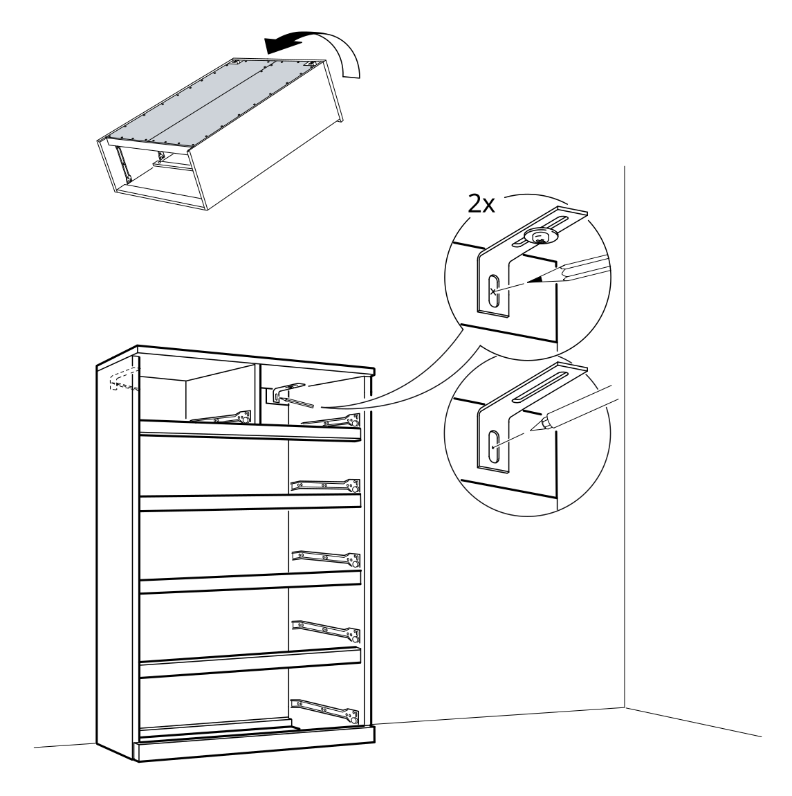 Diagram for step 26: Rotate the cabinet and adjust the drawer hardware at the indicated locations.