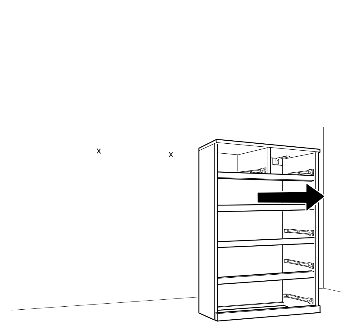Diagram for step 27: The assembled cabinet is moved to the right toward the wall.