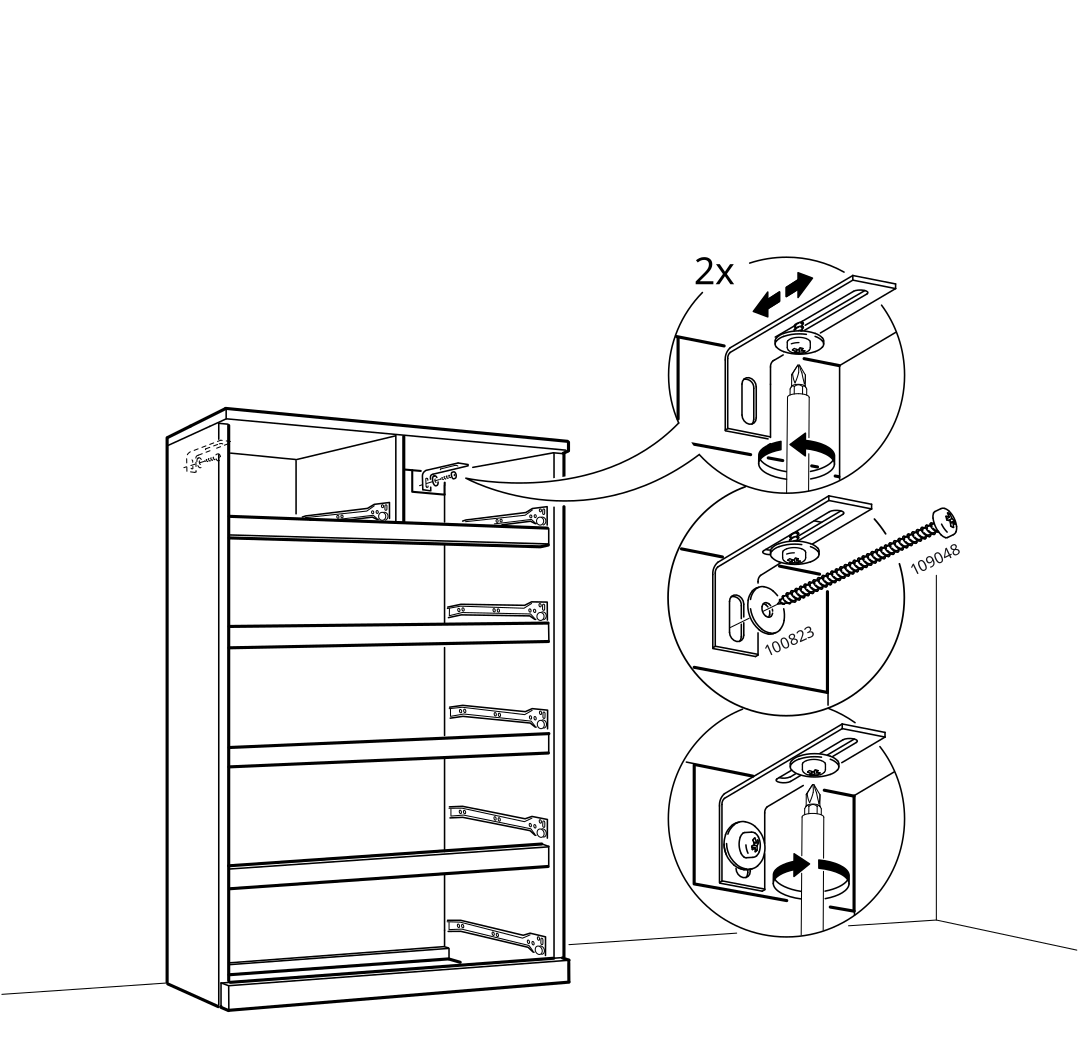 Diagram for step 28: Adjust the wall-attachment fittings and secure the cabinet to the wall with the shown hardware.