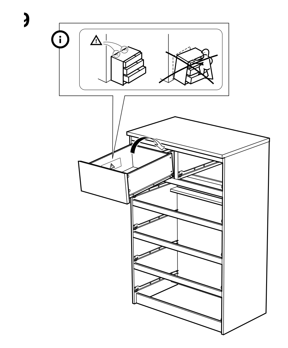 Diagram for step 29: Adjusts or inserts the upper drawer into the cabinet runners while observing the anti-tip warning.