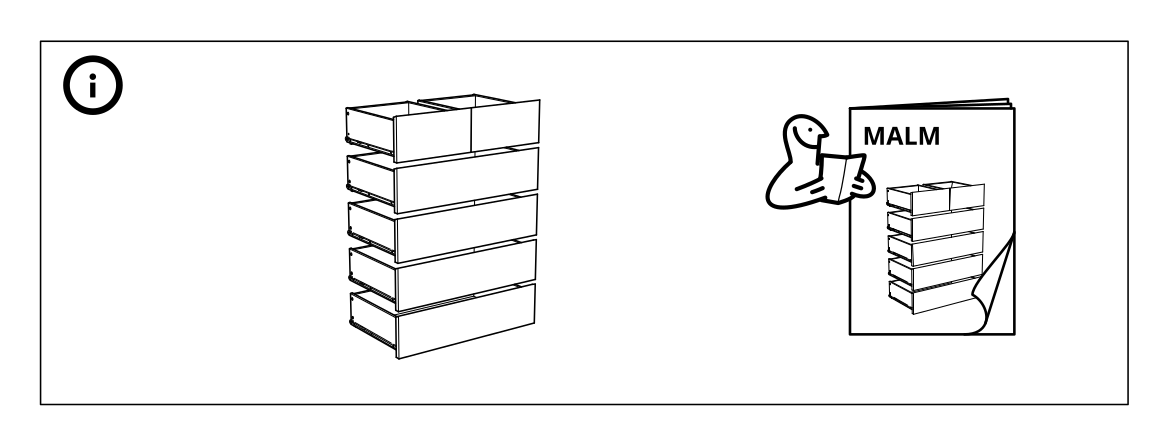 Illustration for assembly note: Information panel showing the MALM chest of drawers and a warning against climbing, sitting, or placing weight on the drawers.