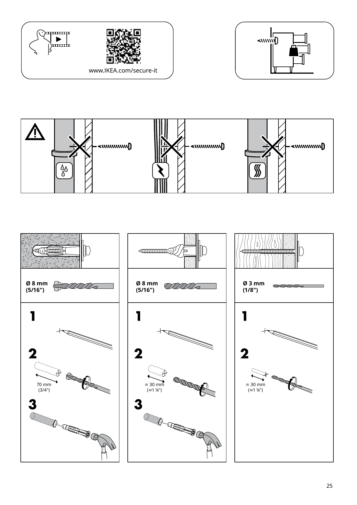 Illustration for safety warning: Wall-anchoring safety reference: secure the dresser to the wall using the shown attachment method and a fixing suitable for the wall material. Before drilling, check for concealed water pipes, electrical wiring, and heating pipes and do not drill into them. For concrete use an 8 mm drill bit and drill 70 mm deep before inserting the wall plug with a hammer; for masonry use an 8 mm bit and drill approximately 30 mm before inserting the plug; for wood use a 3 mm bit and drill approximately 30 mm.