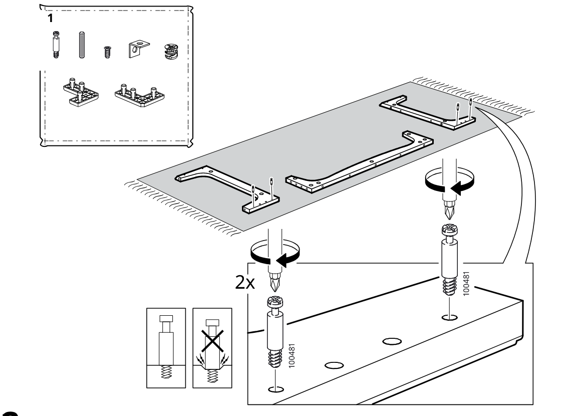 Diagram for step 1: Insert and screw in two 100481 cam bolts into the frame end holes with correct depth, as indicated by the do/don't inset.