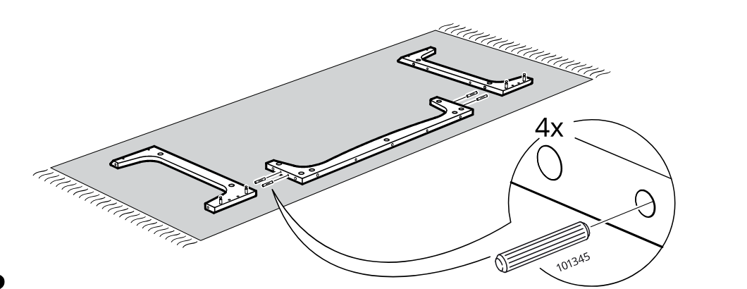 Diagram for step 2: Push four 101345 dowels into the aligned connector holes between the long and side frame sections.