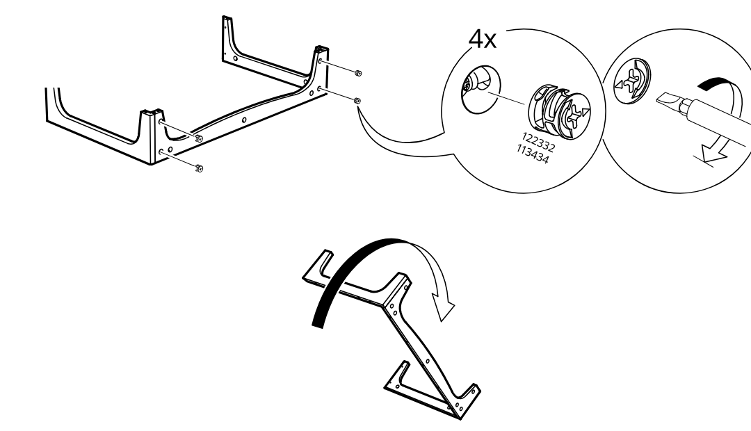 Diagram for step 4: The side frame pieces are joined with cam fittings and then rotated into the shown orientation.