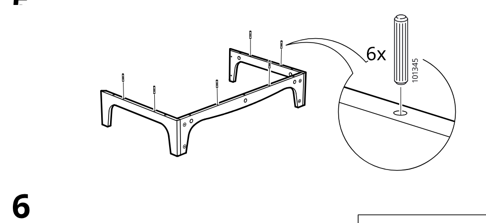 Diagram for step 5: Six wooden dowels are inserted into the top edges of the assembled frame.