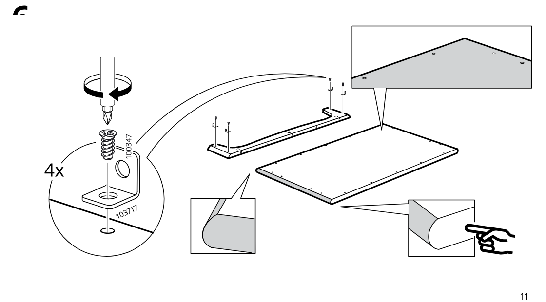 Diagram for step 6: Angle brackets and screws are fastened to the long rail and panel, with close-ups indicating edge orientation and corner wrap direction.
