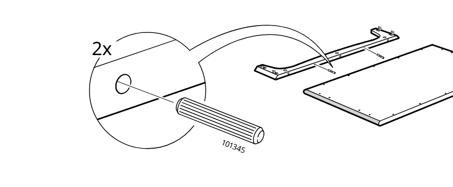 Diagram for step 7: Insert two wooden dowels into the small rail piece and align the rail with the pilot holes on the large panel.