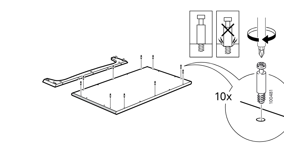 Diagram for step 8: Screw ten cam bolts into the panel holes by hand and turn them in the correct direction as indicated before assembly.