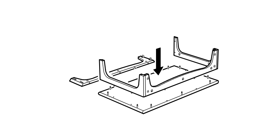 Diagram for step 9: Lower the large U-shaped frame onto the prepared base panel so the frame aligns with and seats onto the installed connectors.