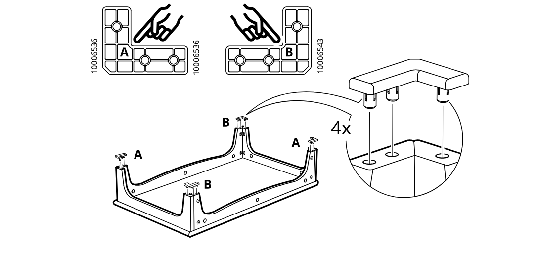Diagram for step 11: Four corner caps are placed by matching A and B orientations, then pressed onto the four top posts.