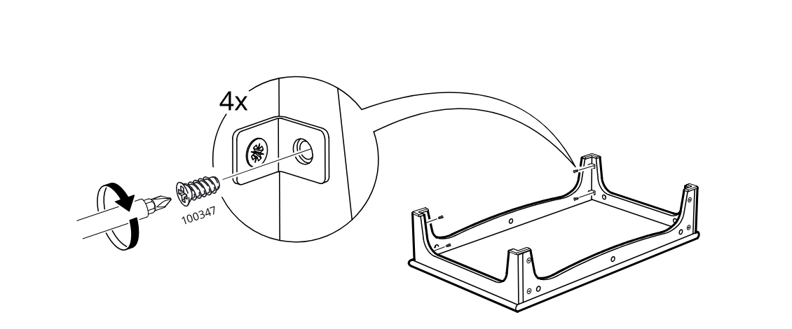 Diagram for step 12: Four screws are driven into the corner bracket inserts to secure the frame.
