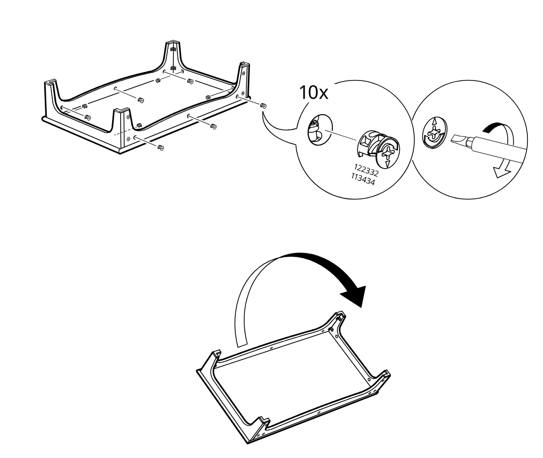 Diagram for step 13: The frame is assembled with cam fittings and then rotated upright as indicated by the large curved arrow.