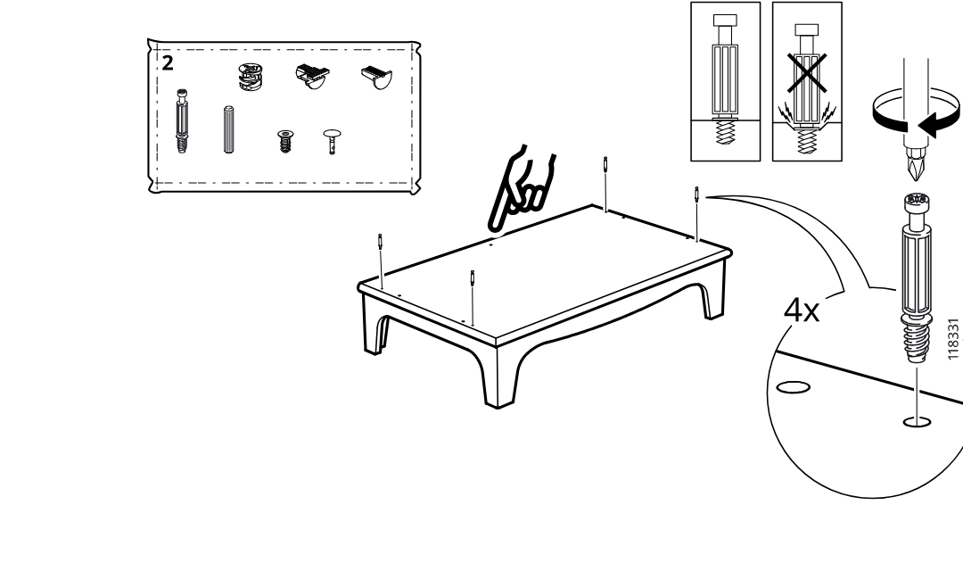 Diagram for step 14: Four cam screws are installed into the board top holes using a screwdriver, with the hand icon indicating the correct side and the inset showing 4x placement.