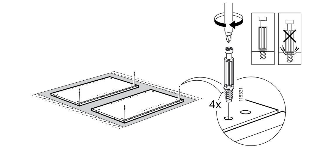 Diagram for step 15: The installer screws four 118331 fasteners into the indicated holes on the two flat panels, with a close-up showing correct insertion depth and orientation.