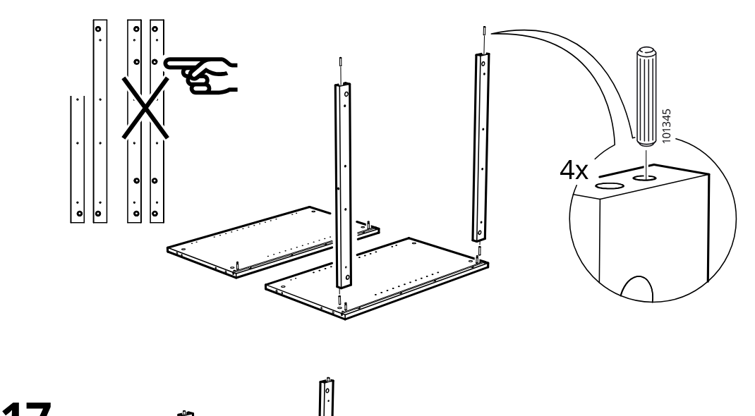 Diagram for step 16: The installer identifies the correct side pieces, inserts four 101345 wooden dowels into their top holes, and positions the two side pieces upright onto the base panels.