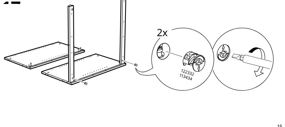 Diagram for step 17: The installer locks two cam fittings (122332/113434) with a screwdriver to secure the upright side pieces to the panel assembly.