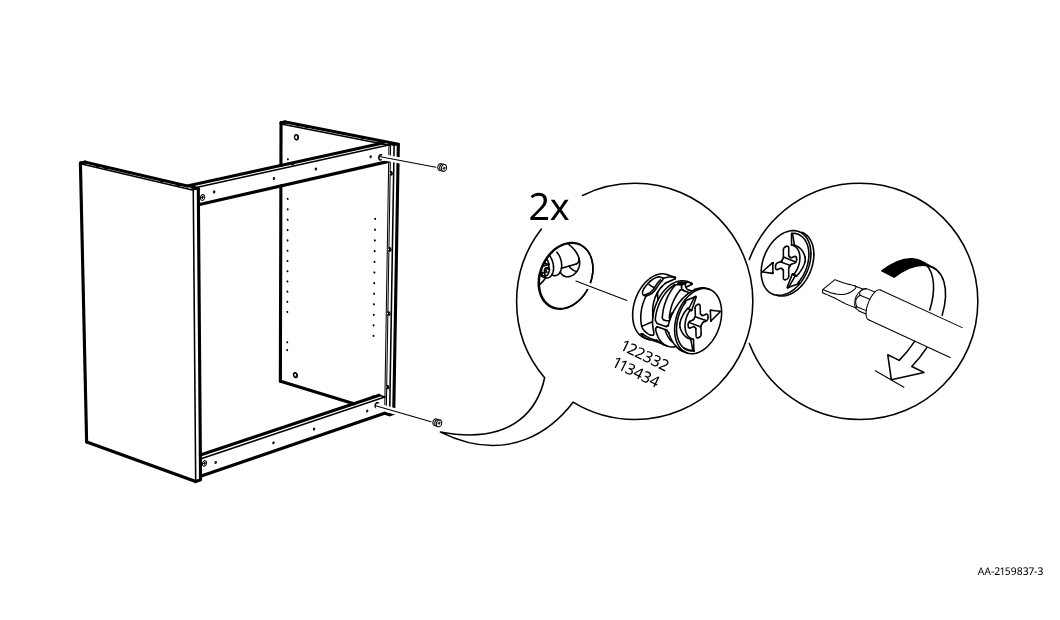 Diagram for step 19: Two cam locks are inserted and tightened with a screwdriver to secure the panel within the cabinet frame.