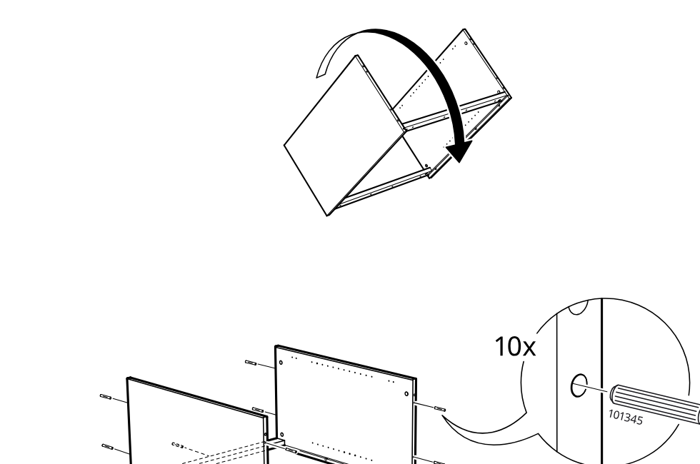 Diagram for step 20: Ten dowels (101345) are inserted into the side panel and frame connection holes before joining the cabinet panels.