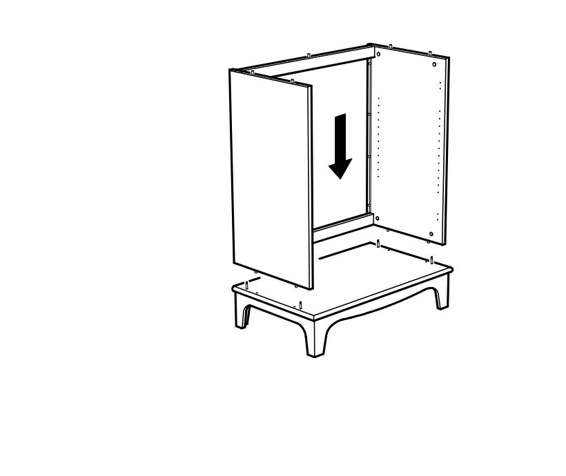 Diagram for step 21: The cabinet body is lowered straight down onto the base so the bottom holes align with the protruding dowels.