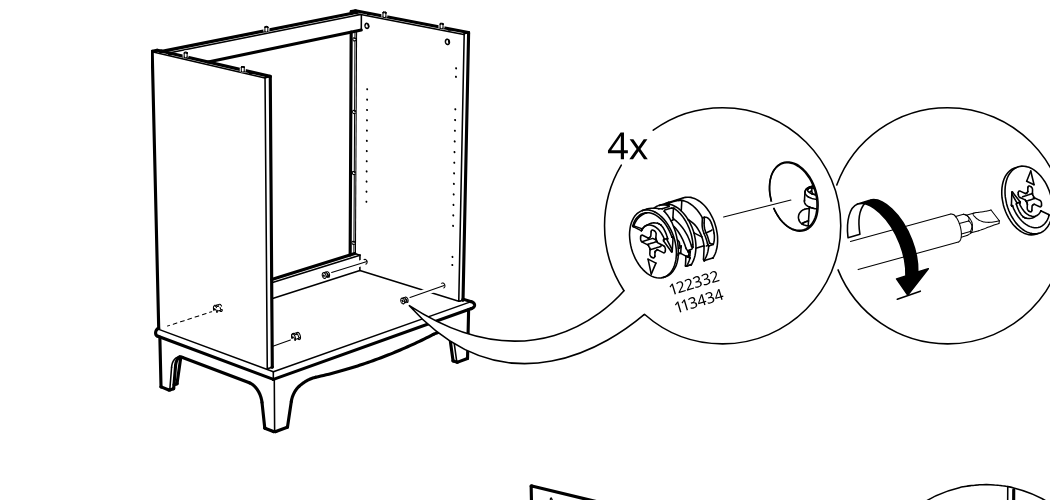 Diagram for step 22: The cam fittings are inserted and turned with a screwdriver to lock the lower connection points of the cabinet frame.