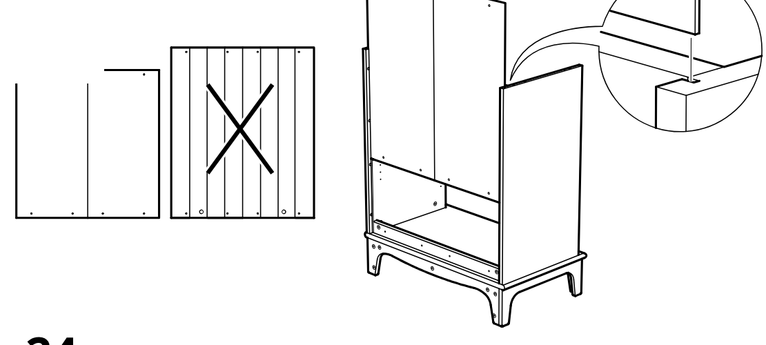 Diagram for step 23: The correct rear panel orientation is shown and the panel is positioned into the cabinet grooves with the bottom edge seated in place.