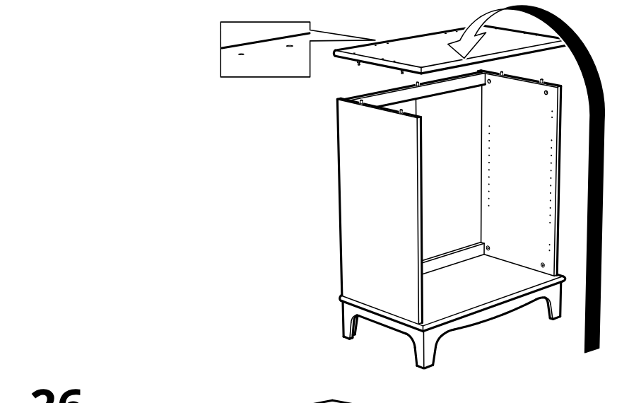 Diagram for step 25: The top panel is lowered onto the cabinet frame, guided by a curved directional arrow.