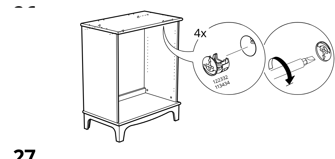 Diagram for step 26: Four cam locks are inserted and then turned with a screwdriver to secure the top panel.