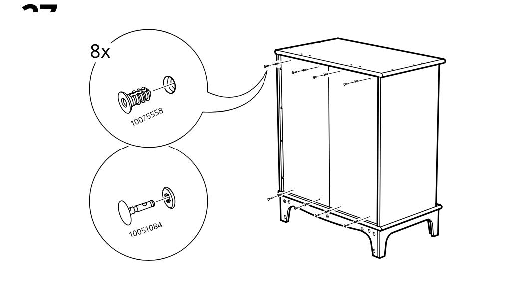 Diagram for step 27: Eight fasteners and matching caps are installed along the back and lower rails of the cabinet.