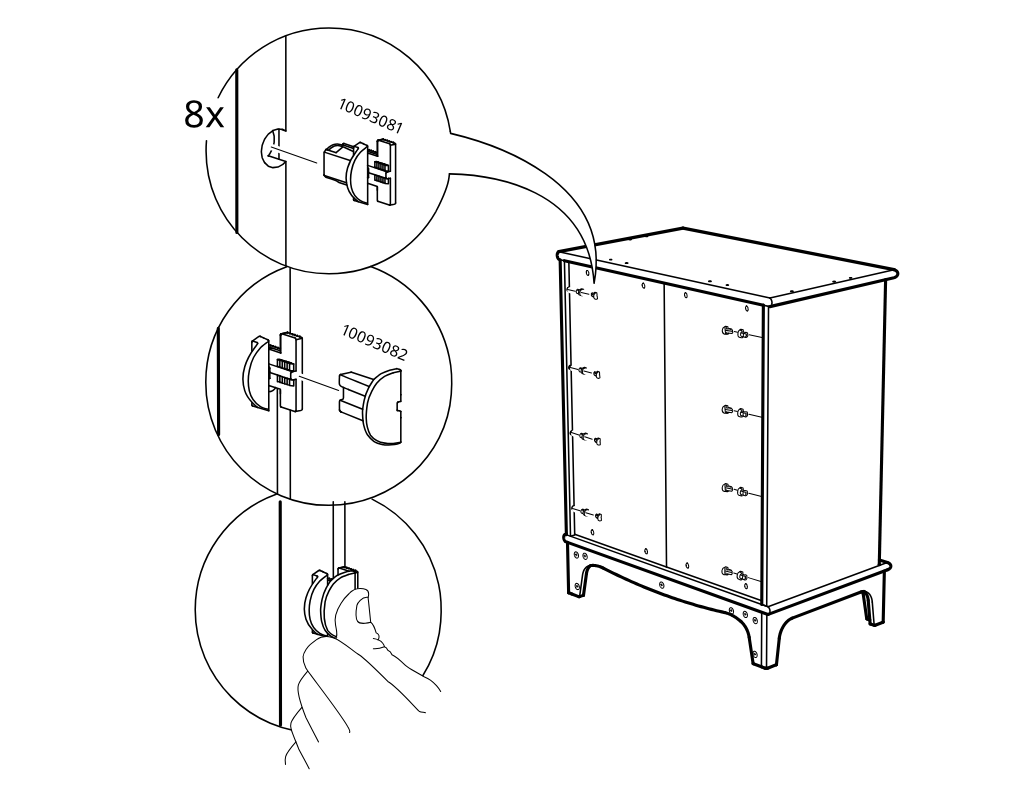 Diagram for step 28: The installer inserts and snaps in the side-mounted fittings in sequence along the cabinet side, then presses the cover piece into place for all marked positions.