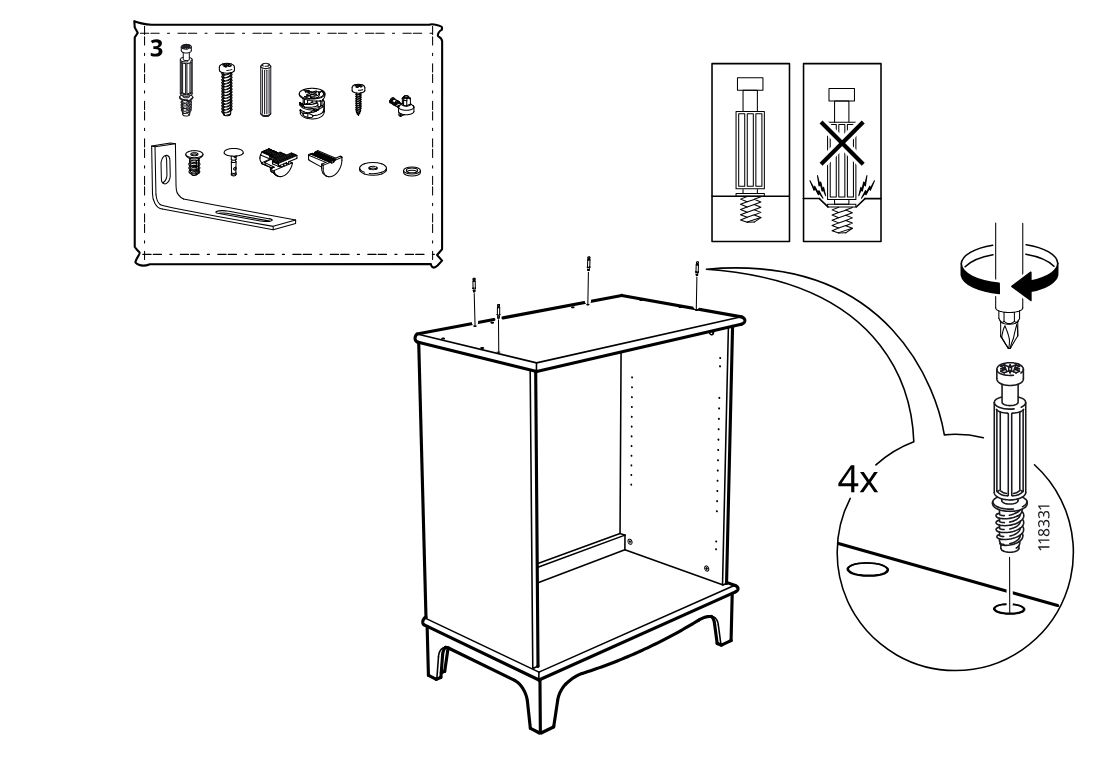 Diagram for step 29: The installer takes hardware from bag 3 and screws four 118331 inserts into the top holes with the correct orientation shown by the do/don’t guide.