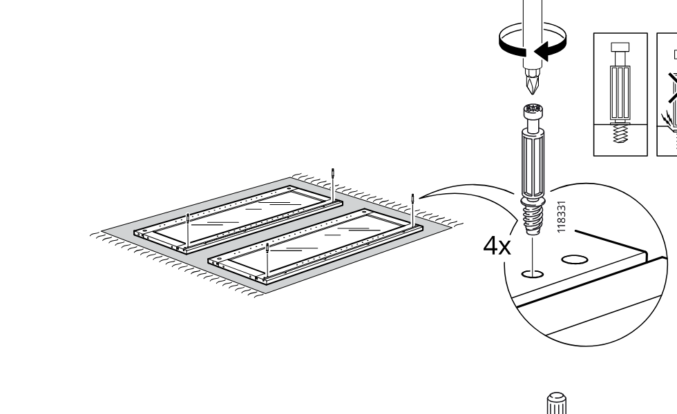 Diagram for step 30: The installer screws in four threaded inserts (part 118331) into the predrilled holes of the two panels, with a callout showing correct screwdriver use and a do-not-overdrive warning.