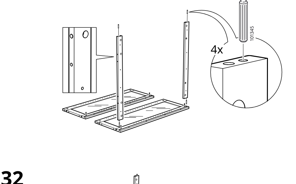 Diagram for step 31: Two upright rails are positioned onto the panel assembly and four wooden dowels (part 101345) are inserted into the top holes, with an inset indicating rail orientation.