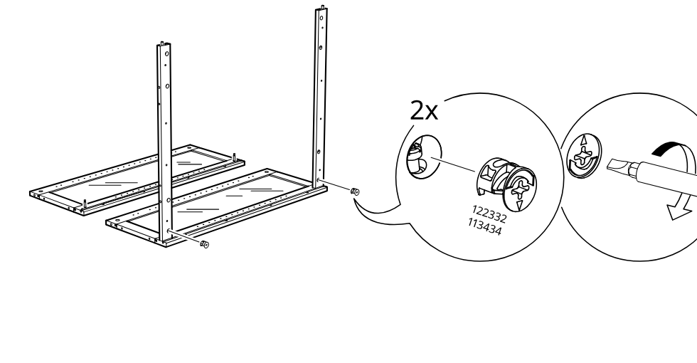 Diagram for step 32: Two cam locks (parts 122332/113434) are inserted into the side holes at the rail base and then turned with a screwdriver to lock the connection.