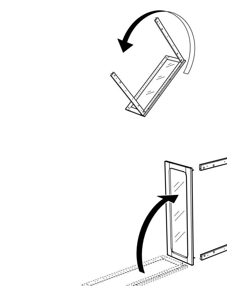 Diagram for step 33: The side frame is rotated upright and aligned with the base and opposite frame to form the cabinet body.
