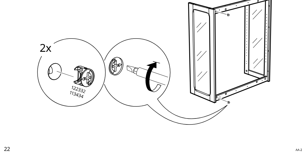 Diagram for step 34: Two cam locks are inserted and turned to secure the newly attached side panel to the frame.