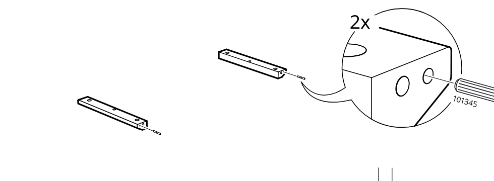 Diagram for step 35: Two dowels (101345) are inserted into the end holes of the two short rails.