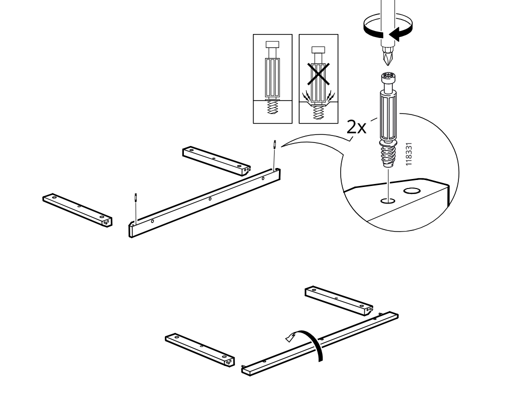 Diagram for step 36: Two cam screws (118331) are screwed into the long rail ends and the rail assembly is rotated into position.