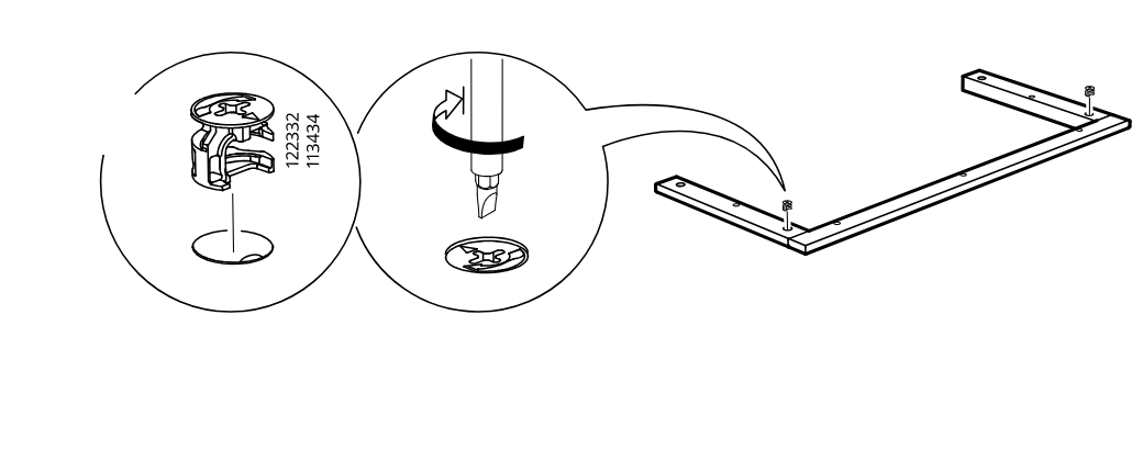 Diagram for step 37: Two cam locks (122332/113434) are inserted and turned with a screwdriver to lock the frame corners.