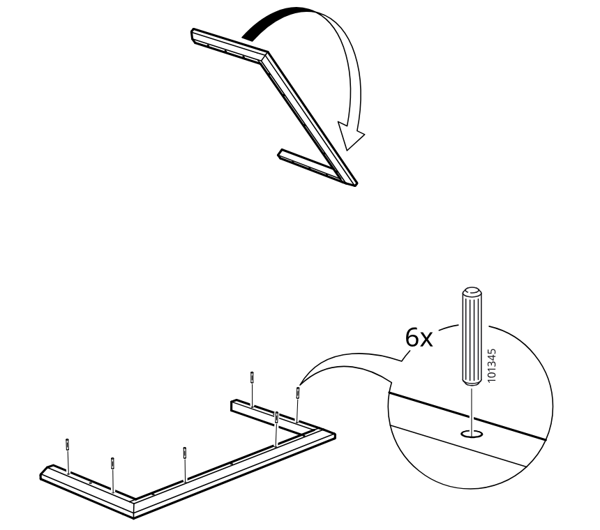 Diagram for step 38: The frame is rotated and six wooden dowels (101345) are inserted into the predrilled holes along the frame.