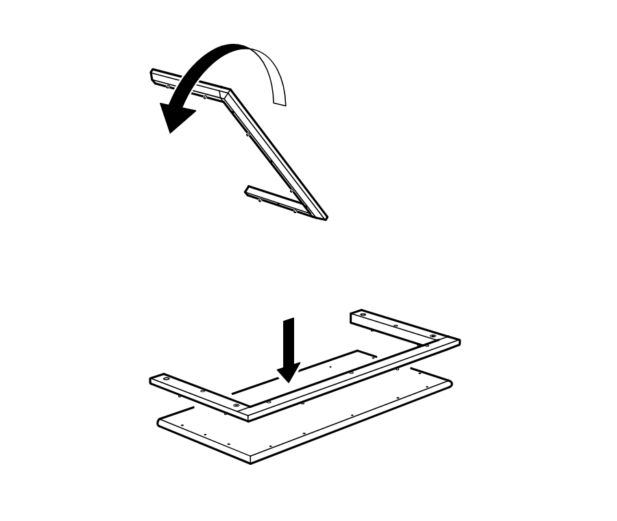 Diagram for step 39: The frame is turned and lowered onto the large panel, aligning it before pressing it down into position.