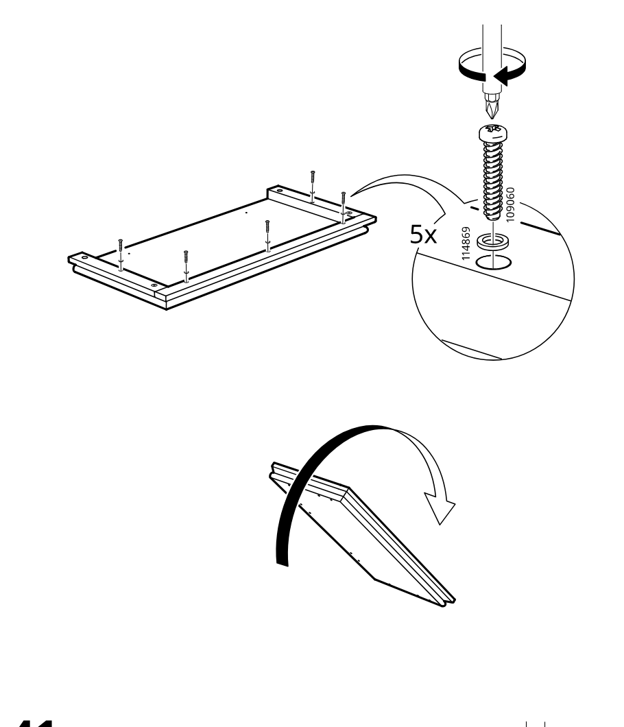 Diagram for step 40: Insert five screws with washers into the panel, tighten from above, and rotate the panel as indicated.