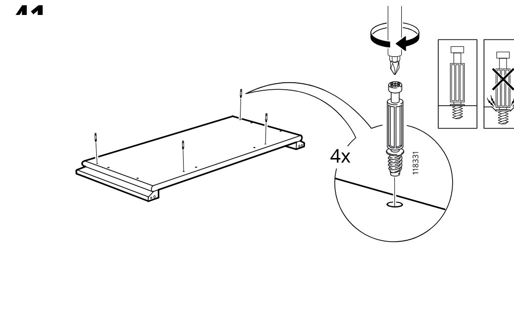 Diagram for step 41: Screw in four cam bolts into the panel, tighten from above, and follow the orientation warning for correct insertion.