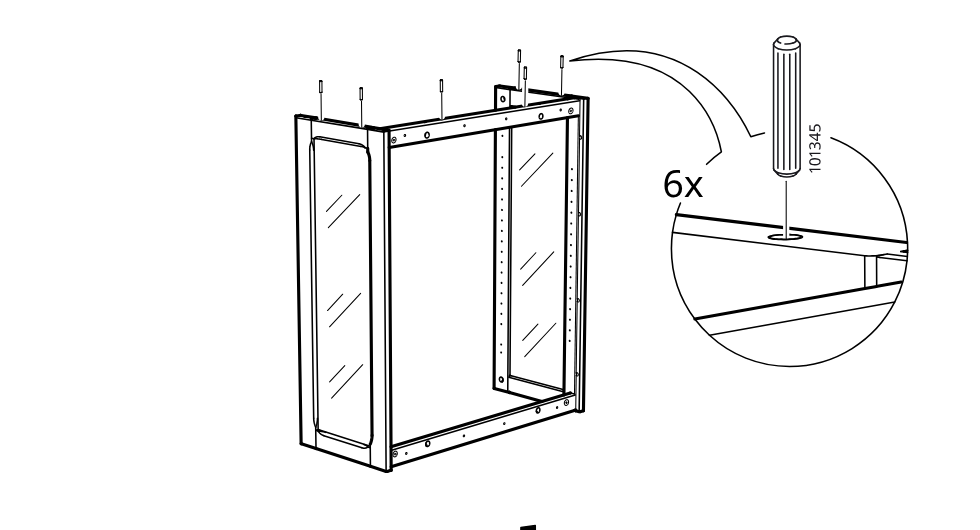 Diagram for step 42: Insert six dowels into the top holes of the cabinet frame as shown in the zoom detail.