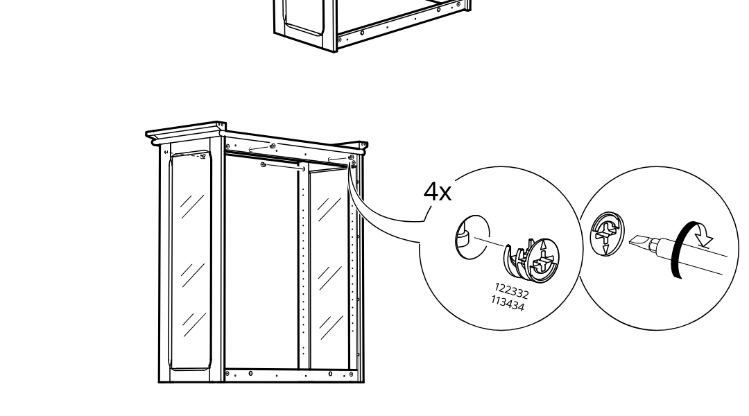 Diagram for step 44: Install and turn four cam locks to secure the top panel to the cabinet frame.