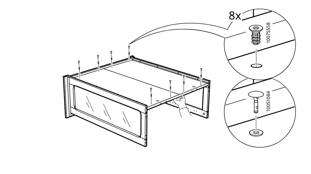 Diagram for step 46: The builder fastens the top panel with 8 screws and inserts 8 fittings from below, as shown in the two hardware zoom callouts.