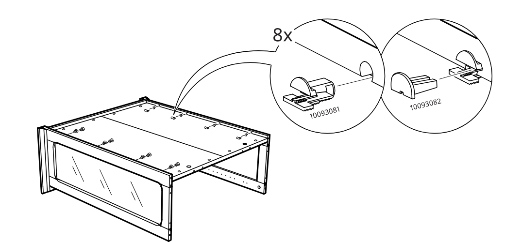 Diagram for step 47: The side panel assembly is positioned onto the cabinet top and two clip pieces (10093081 and 10093082) are installed in the indicated top slots 8 times.