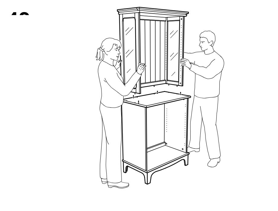 Diagram for step 49: Two people lift and lower the assembled upper cabinet section onto the base, aligning it with the exposed dowels.