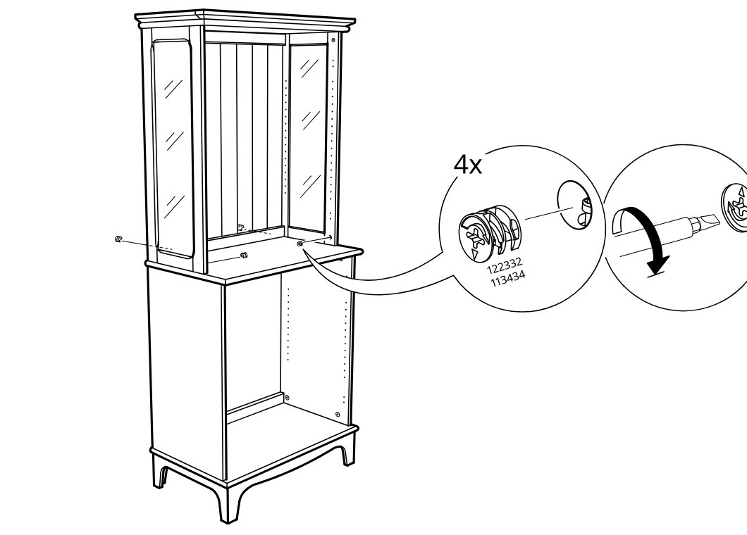 Diagram for step 50: The cam locks are inserted into the side panel holes and turned with a screwdriver to lock the upper section in place.